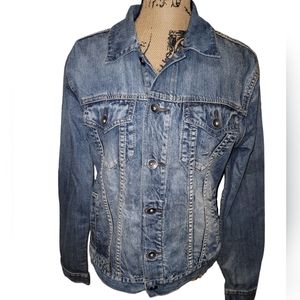 T.K. Axel Denim Blue Jean Jacket Button Up Faded Men's Size SMALL Retro Classic